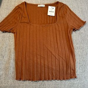 Cotton On Women's Brown Ribbed Short Sleeve Top